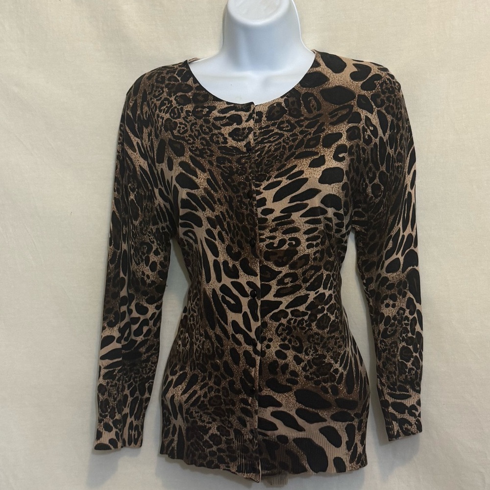 I-22 Grace Elements Animal Print Silk Blend 3/4‎ Sleeve Cardigan Sweater Size L